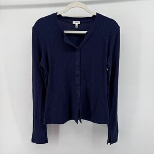 Aerie Navy Blue Ribbed Henley Button Up Long‎ Sleeve Top Womens Large 90s Y2K